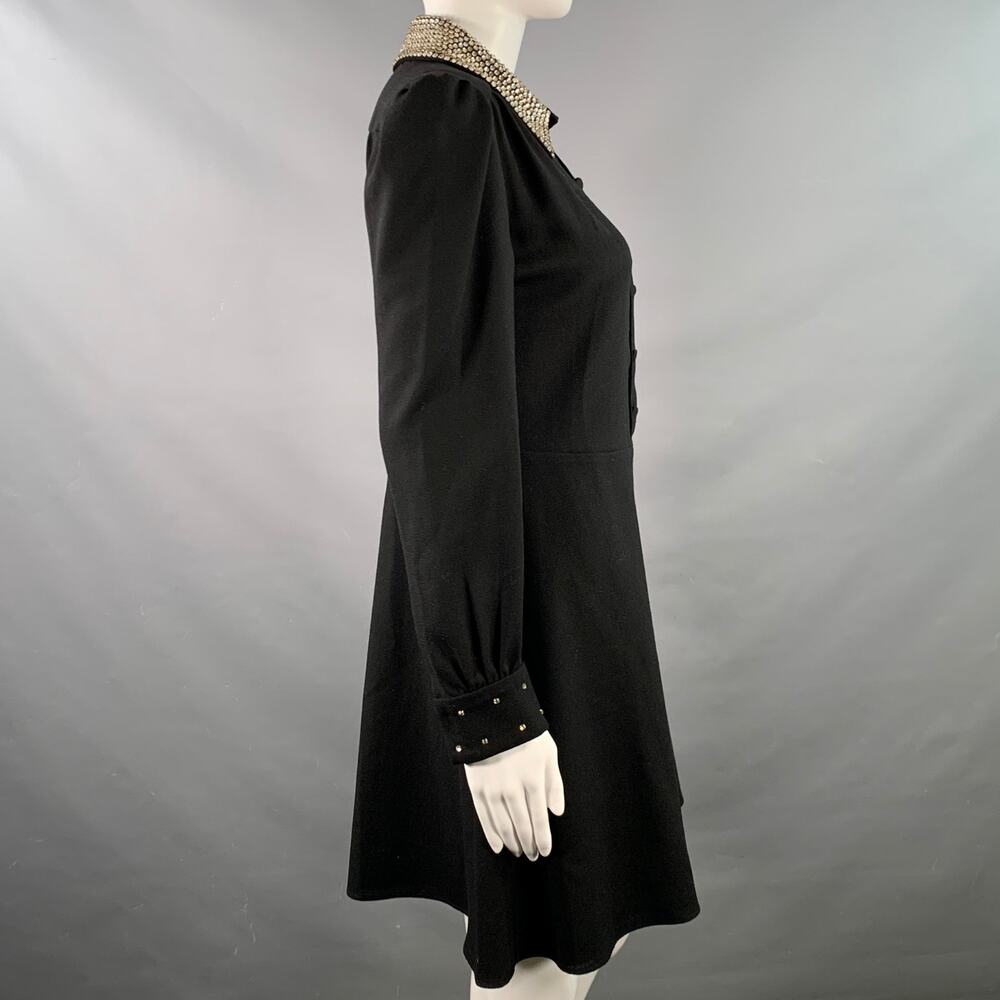 SAINT LAURENT Size 8 Black Gold Wool Crepe Rhinestones Long Sleeve Dress - Picture 3 of 10